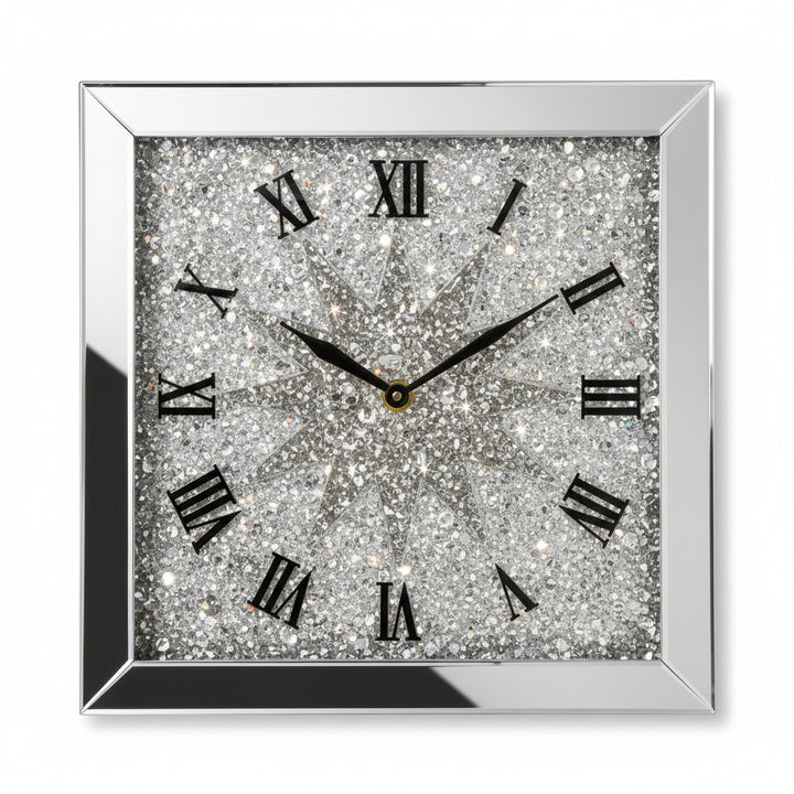 Square diamante mirrored wall clock crushed dial design