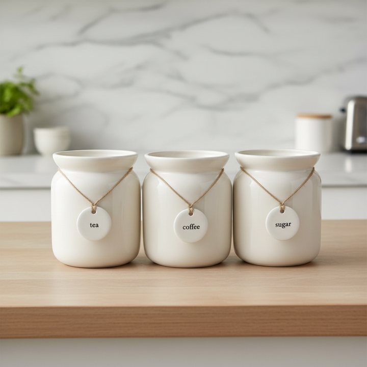 Three ceramic containers labeled 'tea', 'coffee', and 'sugar' on a kitchen counter.