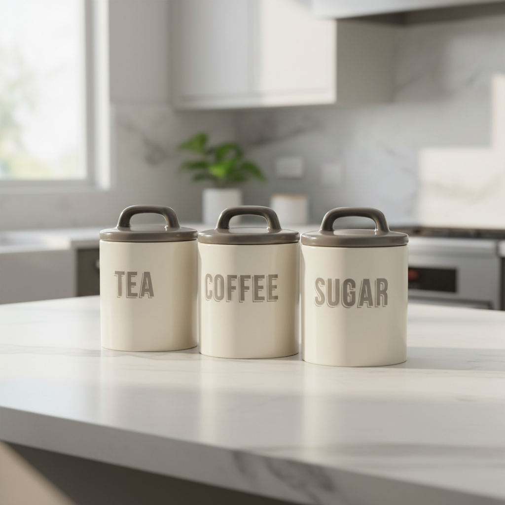 Three ceramic kitchen canisters labeled 'Tea', 'Coffee', and 'Sugar' on a countertop.