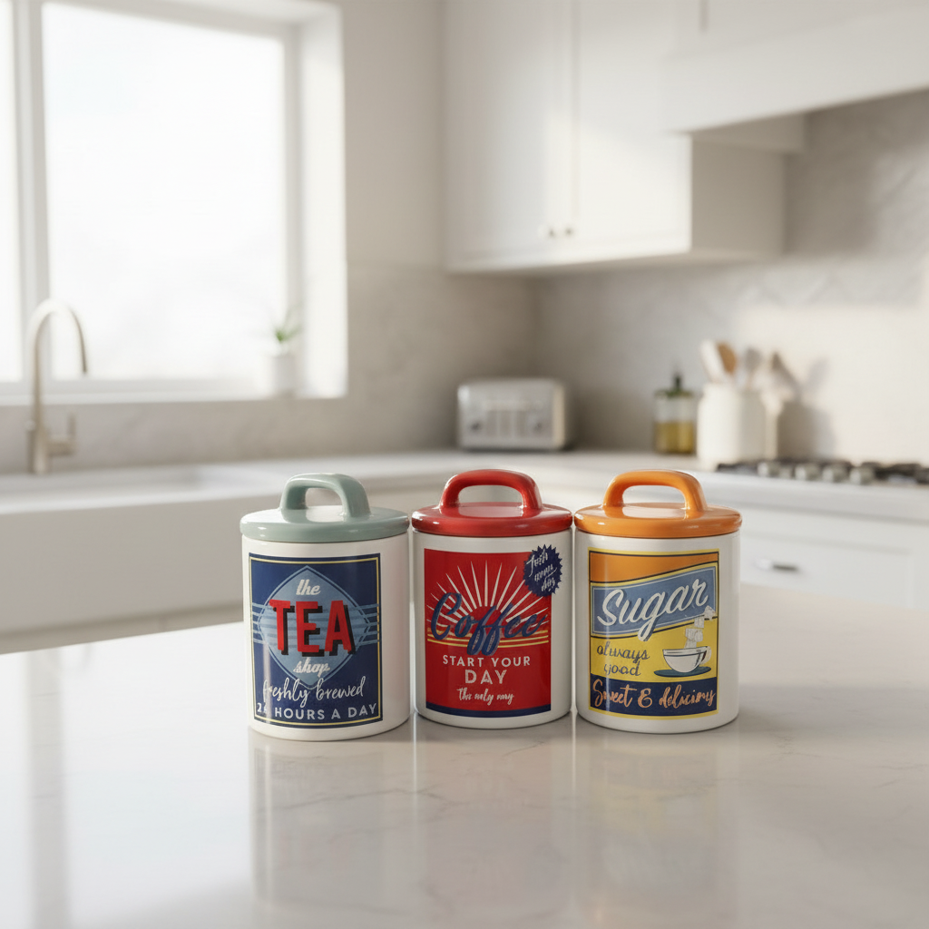 Three colorful kitchen canisters labeled 'Tea', 'Coffee', and 'Sugar' on a kitchen counter.