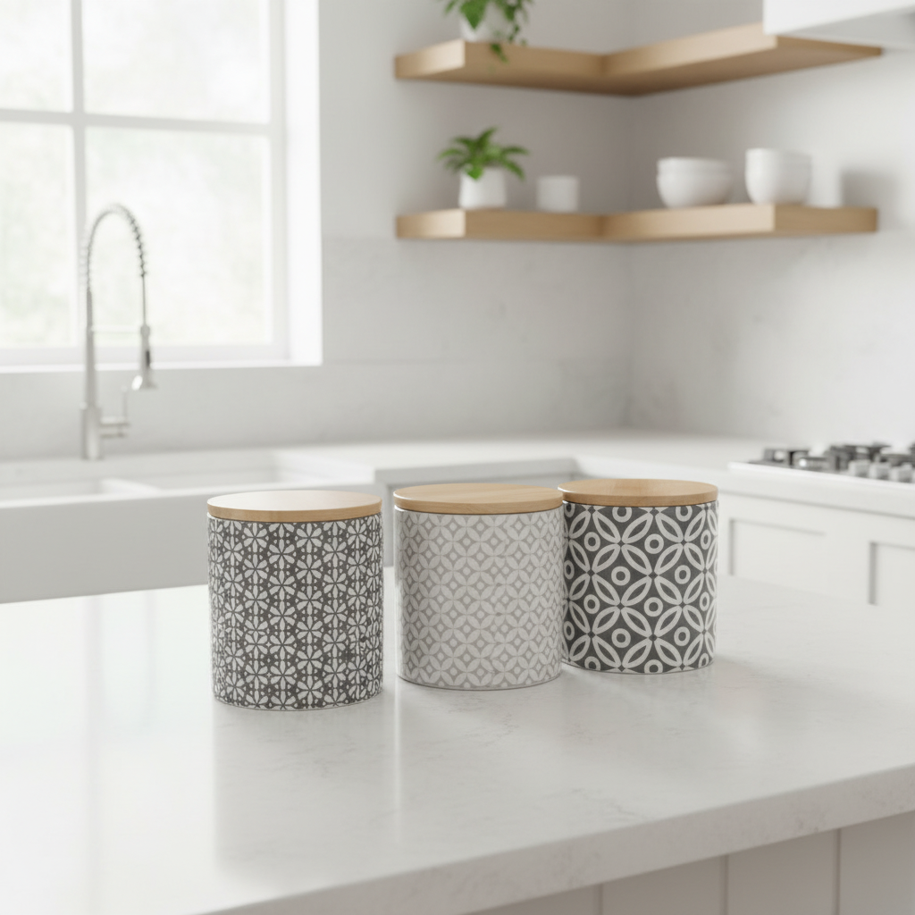 Three patterned canisters with wooden lids on a kitchen counter.