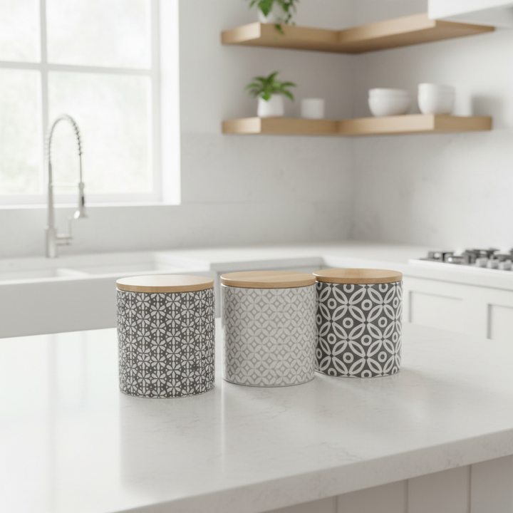 Three patterned canisters with wooden lids on a kitchen counter.
