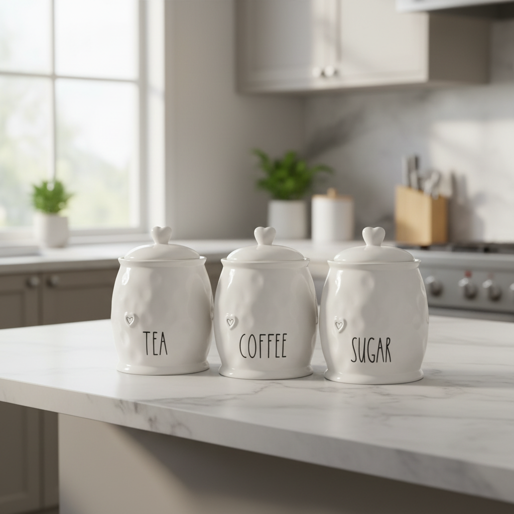 Three white ceramic canisters labeled 'Tea', 'Coffee', and 'Sugar' on a kitchen counter.