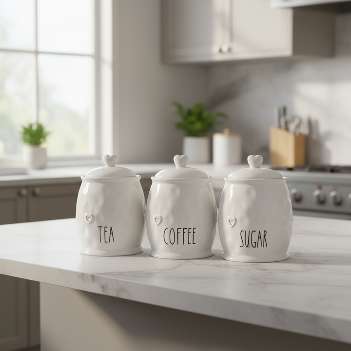 Three white ceramic canisters labeled 'Tea', 'Coffee', and 'Sugar' on a kitchen counter.