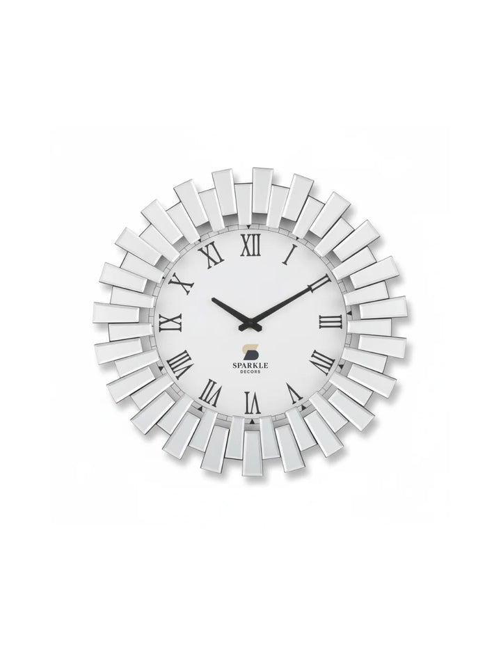 3D Sunburst Mirrored Wall Clock 60cm – Silver Roman Numeral Luxury Style | Sparkle Decors UK