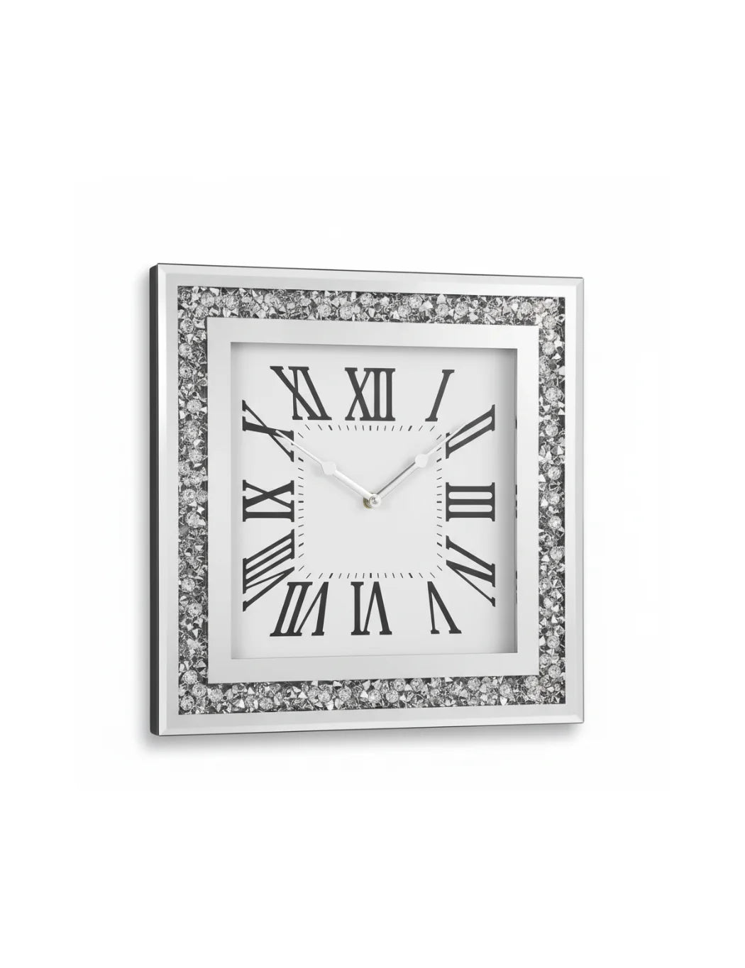 Square Diamante Mirrored Wall Clock 35cm – Silent Roman Silver Accent | Sparkle Decors UK