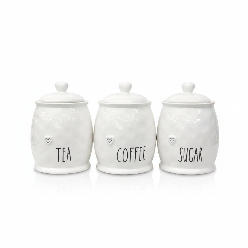 White ceramic tea coffee sugar jars with heart design