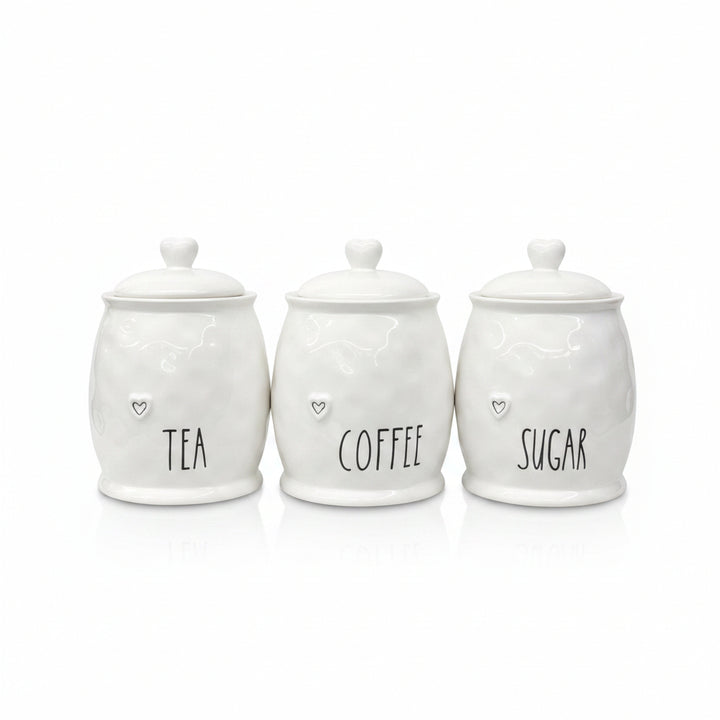 White ceramic tea coffee sugar jars with heart design