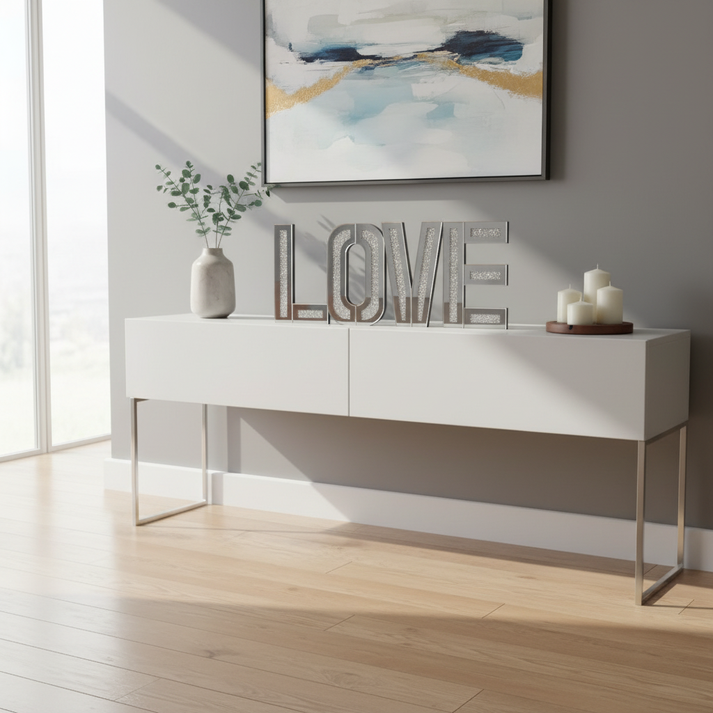 White console table with decorative items in a modern living room setting.