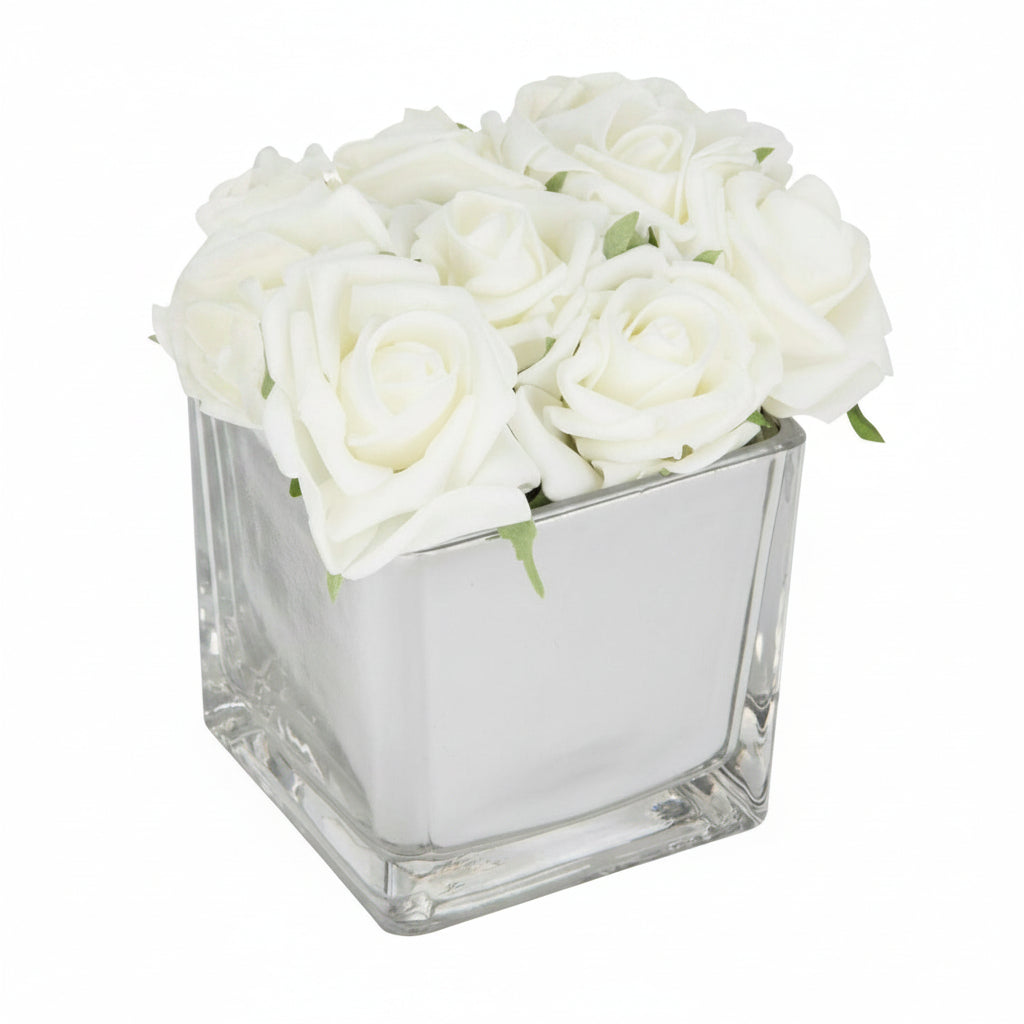 White roses mirror cube artificial flower decoration centerpiece