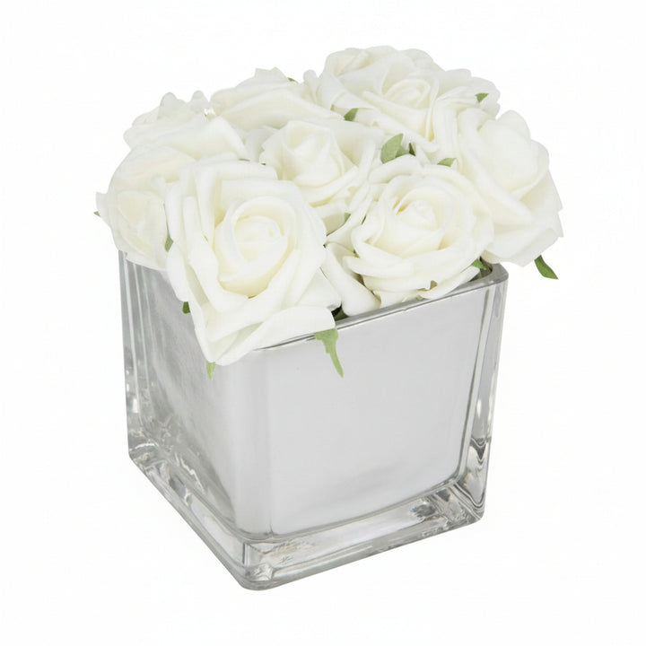 White roses mirror cube artificial flower decoration centerpiece