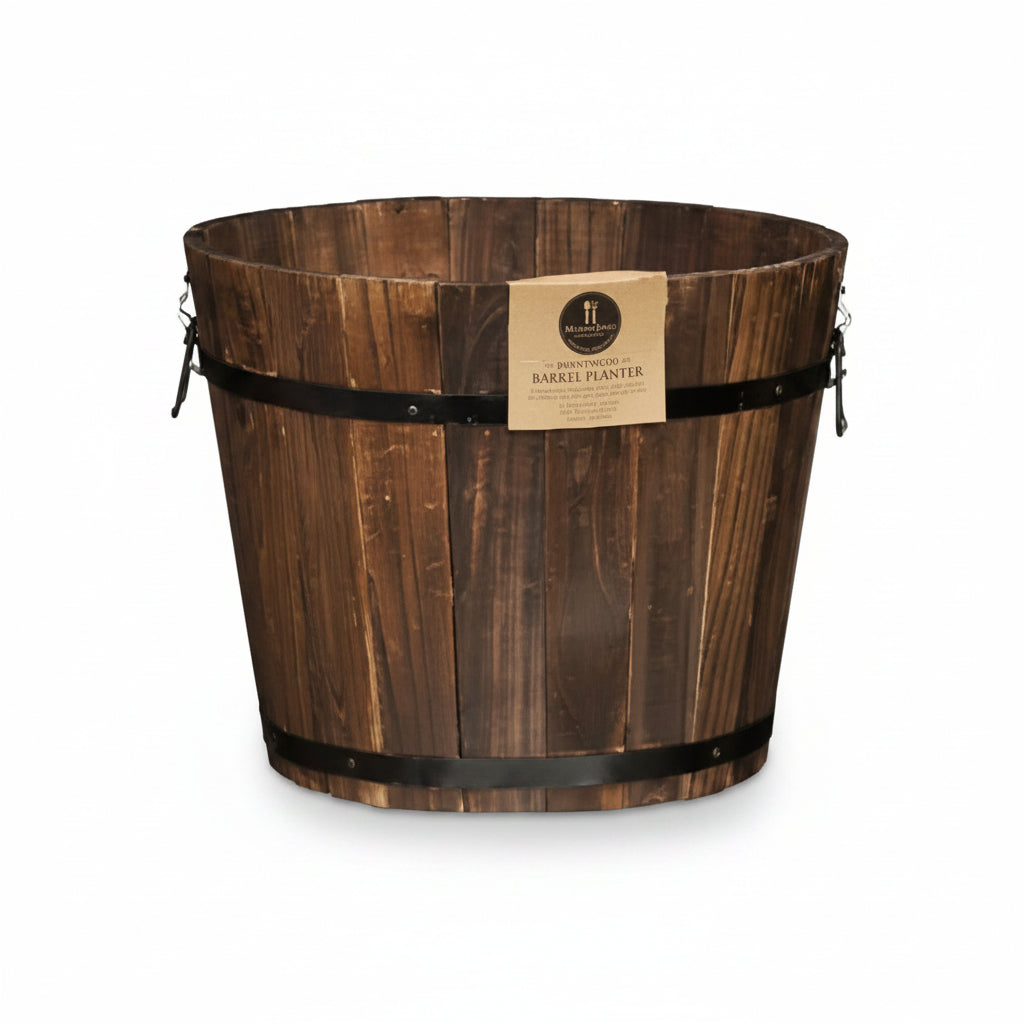 Wooden barrel planter rustic garden design