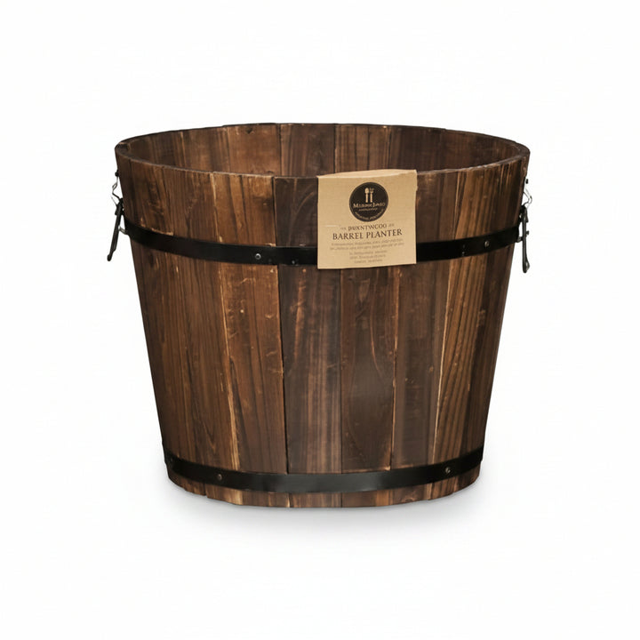 Wooden barrel planter rustic garden design