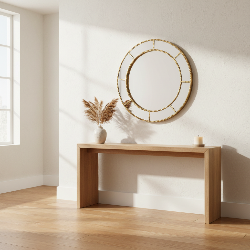 Wooden console table with decorative mirror and vase in a bright room
