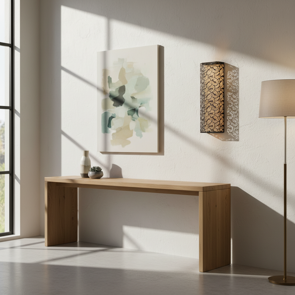Wooden desk in a bright room with a lamp and wall art