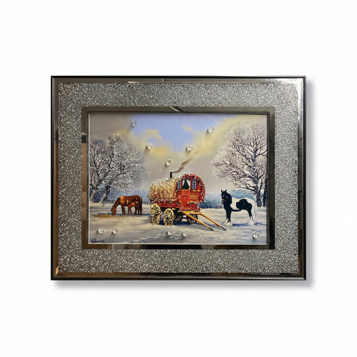 XL crushed diamond horse wagon wall art parked