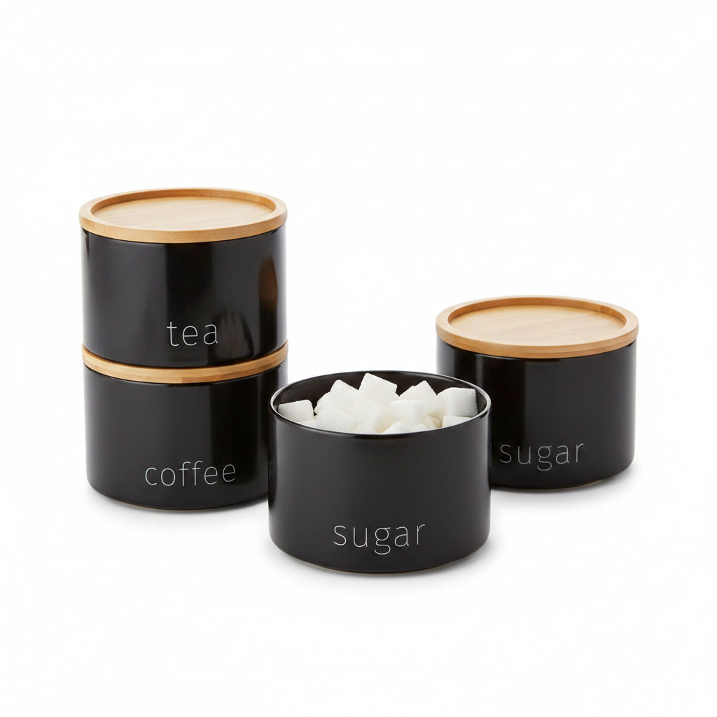 black ceramic tea coffee sugar jars set