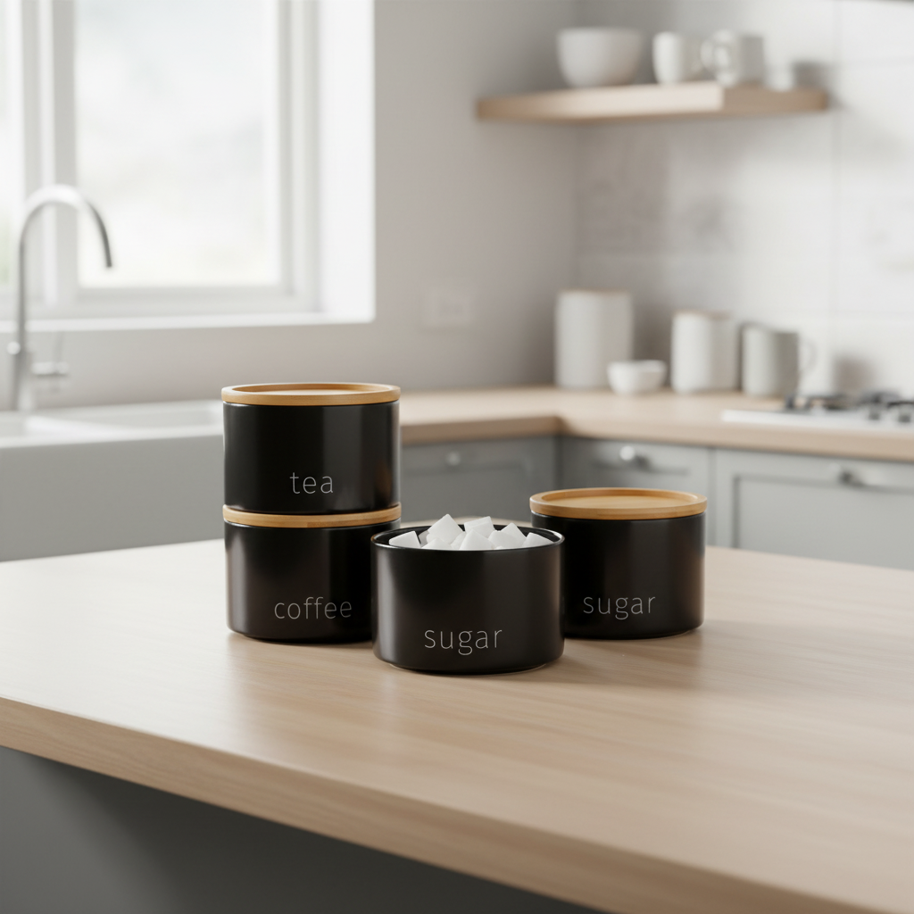 black_ceramic_tea_coffee_sugar_jars_set by sparkle decors