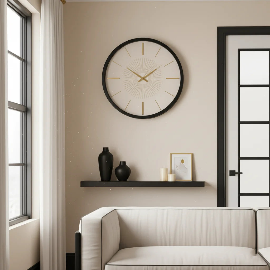 Elegant living room vignette featuring a premium wall clock with gold accents Sparkle Decors