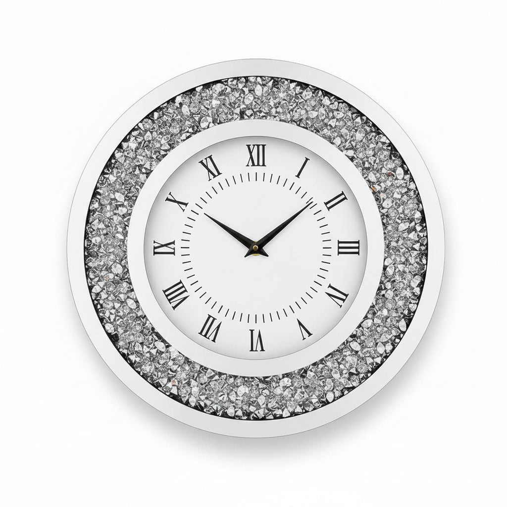 crushed diamond mirrored wall clock roman numerals luxury sparkle wall decor