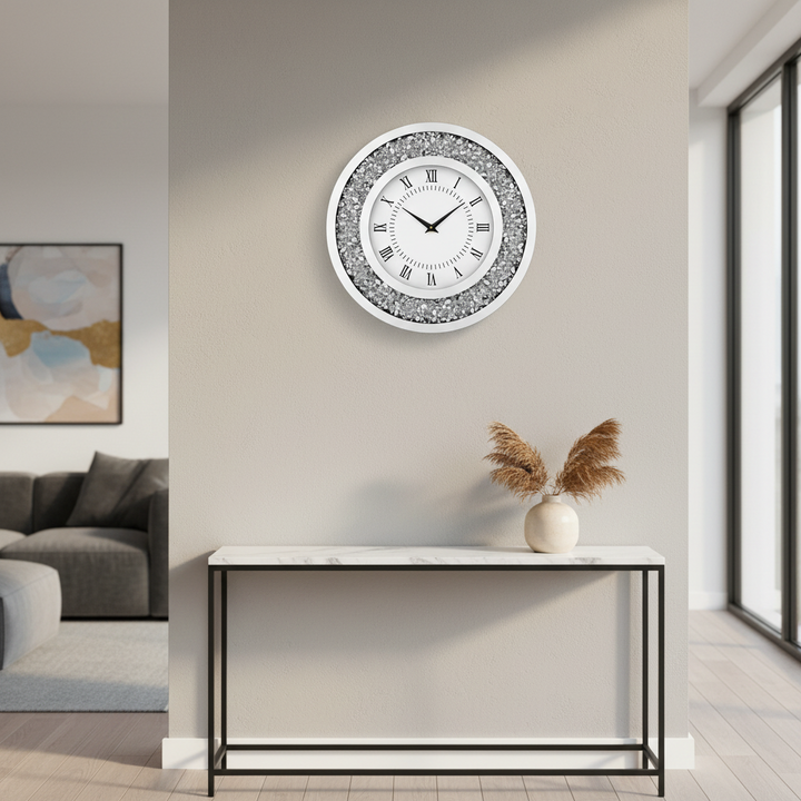 crushed_diamond_mirrored_wall_clock_roman_numerals_luxury_sparkle_wall_decor by sparkle decors