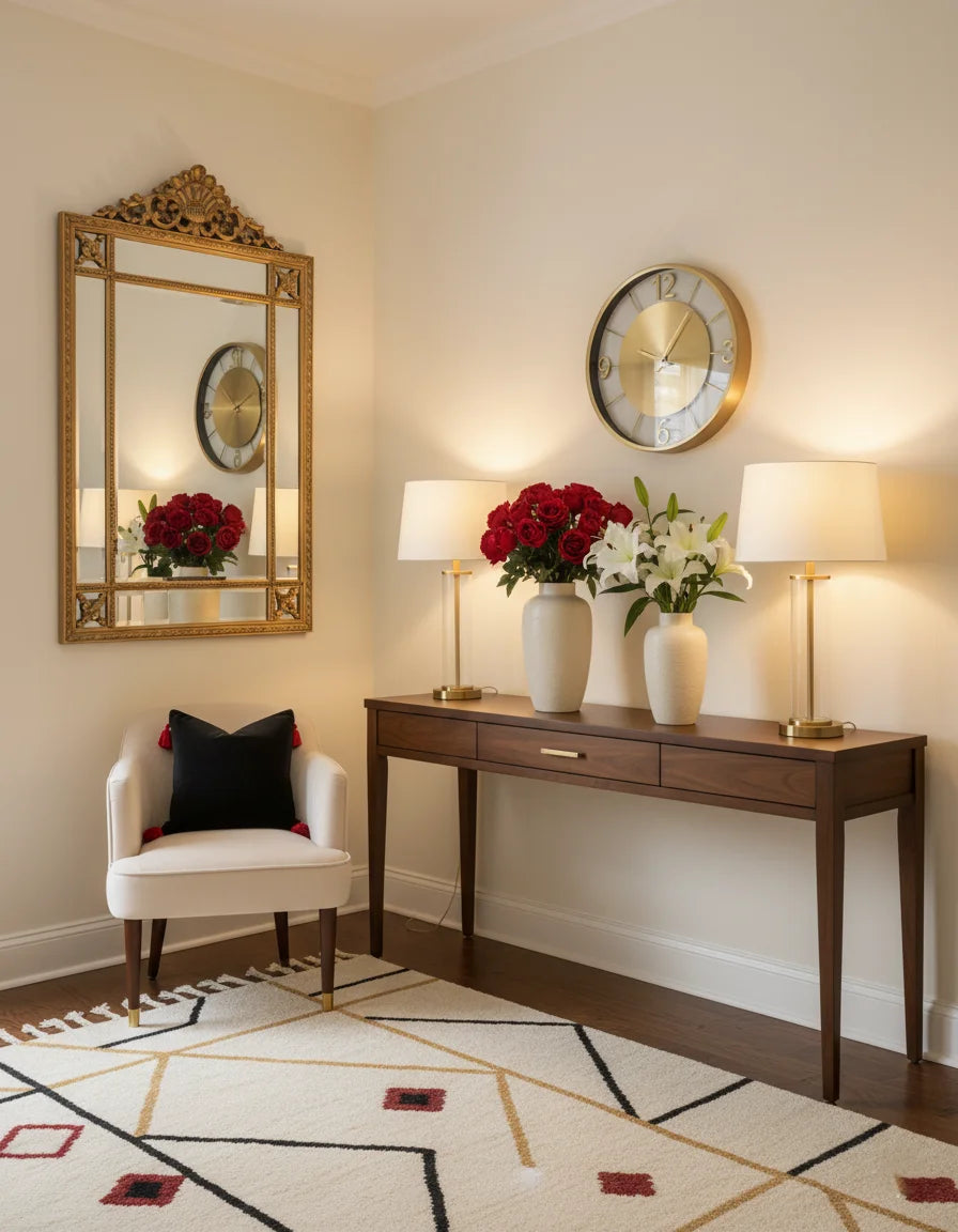 Cozy corner décor with mirror, clock, and vases in cream and gold tones by Sparkle Decors UK.