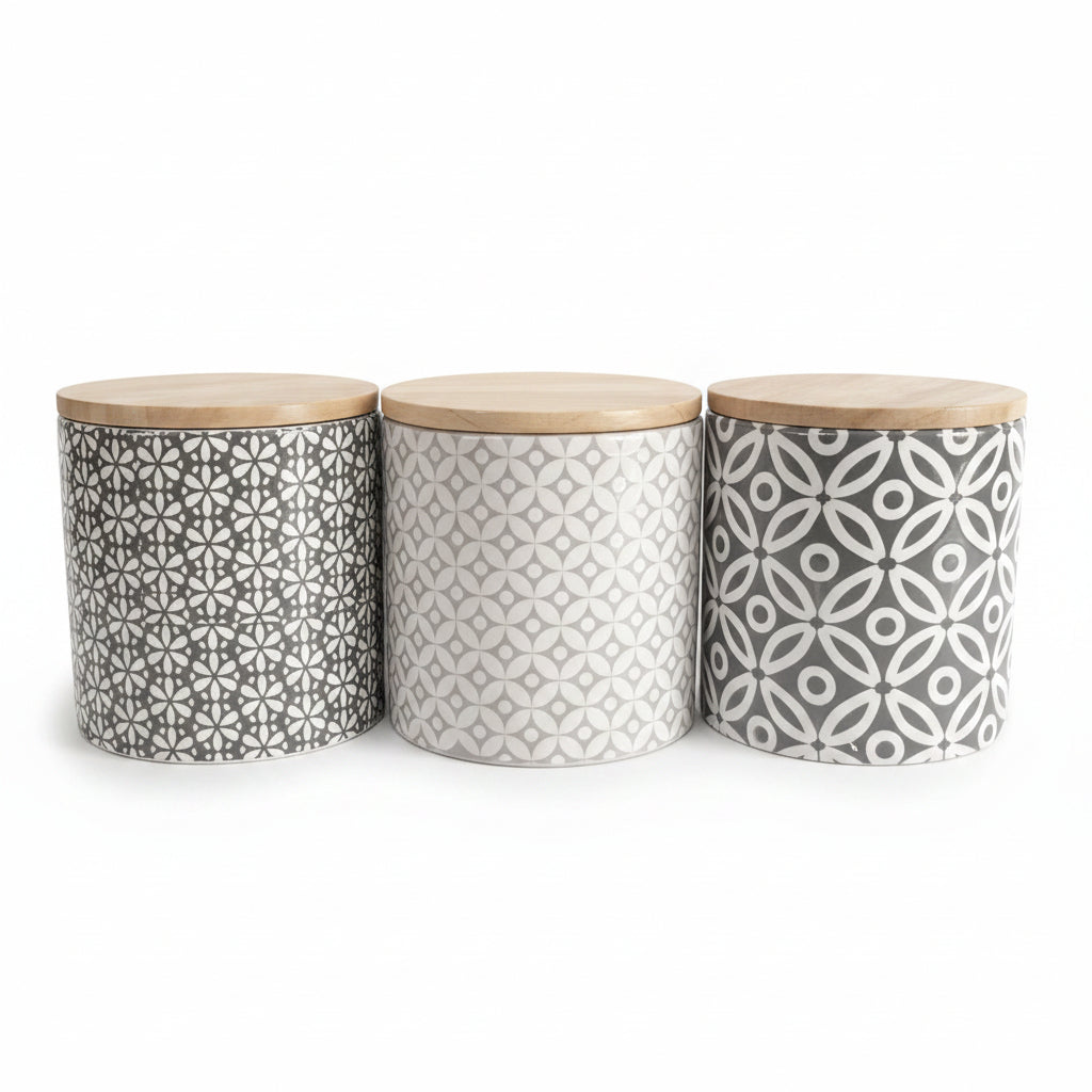  embossed ceramic jars grey bamboo lids
