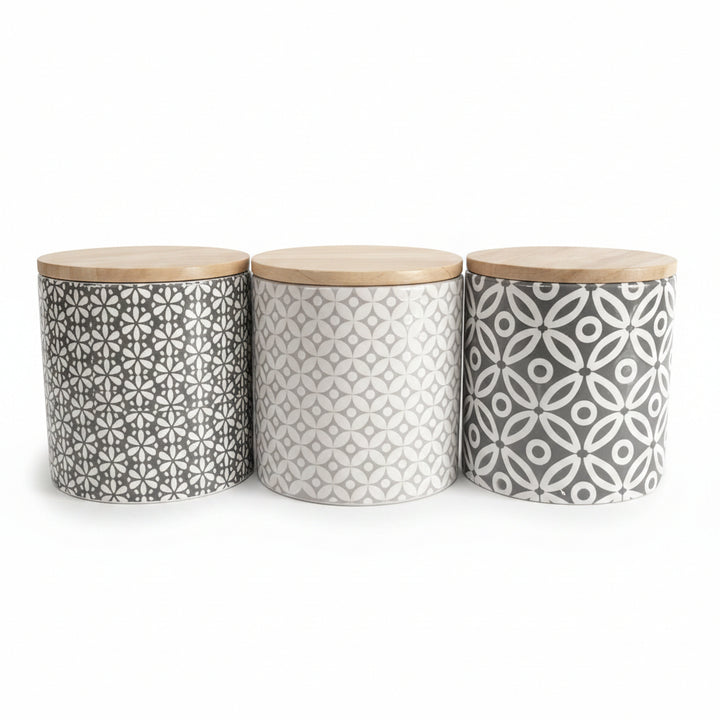  embossed ceramic jars grey bamboo lids
