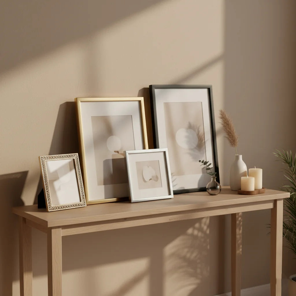 Stylish photo frames on a console table with warm décor accents — Sparkle Decors.