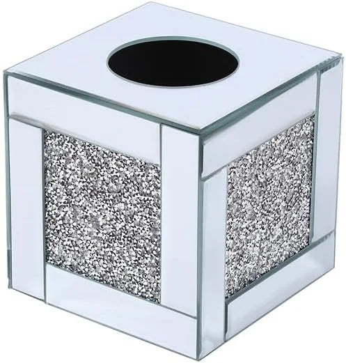 Silver Mirror Cube Tissue Box with Crystal Border | Sparkle Decors