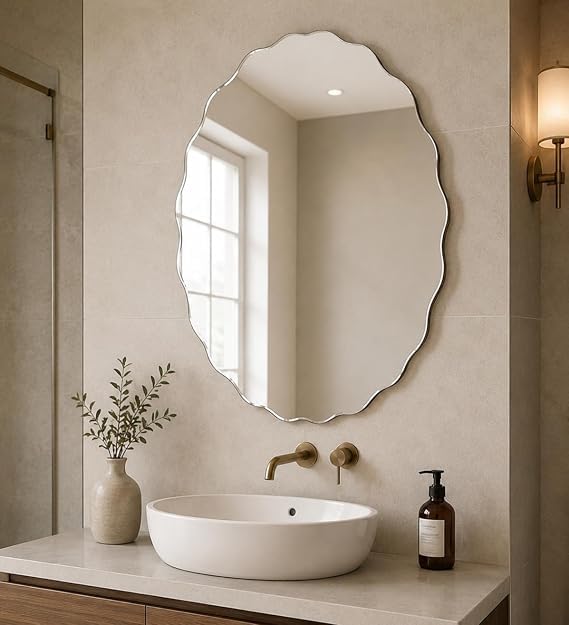 Silver Frameless Oval Wall Hanging Mirror Bevelled Border Zig Zag Edge Asymmetrical  40x60Cm