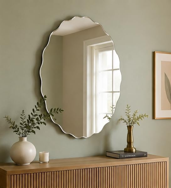 Silver Frameless Oval Wall Hanging Mirror Bevelled Border Zig Zag Edge Asymmetrical  40x60Cm