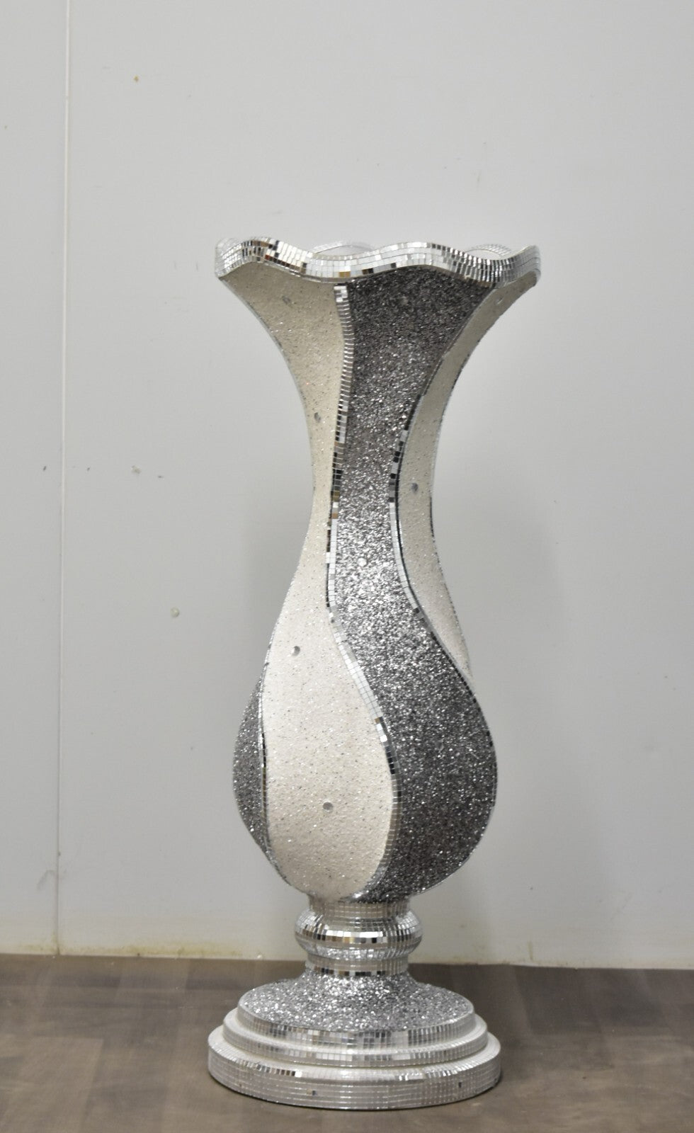 Large crushed diamond glitter floor vase silver decor