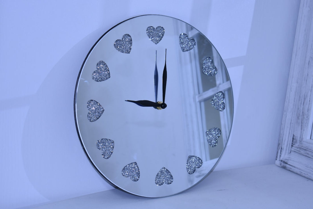 Heart shaped diamante mirrored wall clock