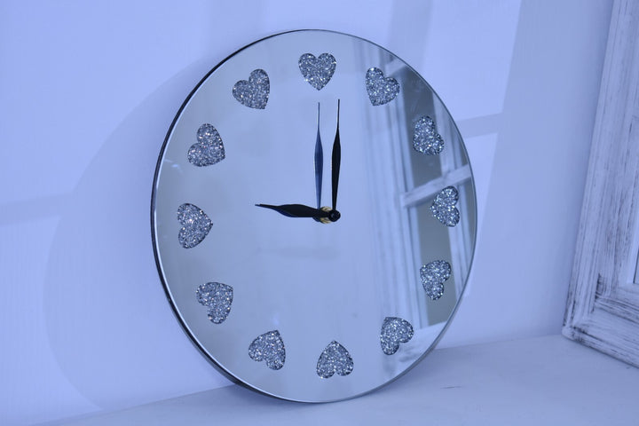 Heart shaped diamante mirrored wall clock