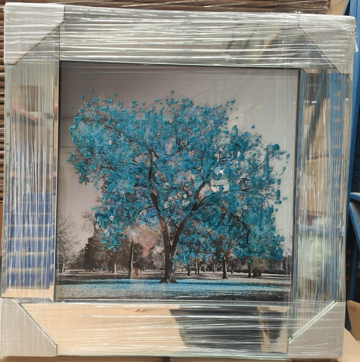 Silver blossom tree glitter mirrored frame sea green
