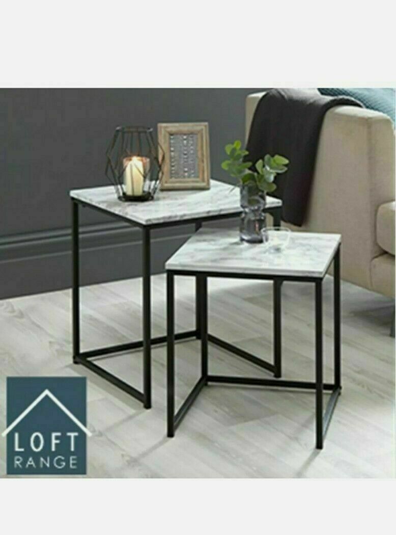 Marble effect side tables set 2pc black metal