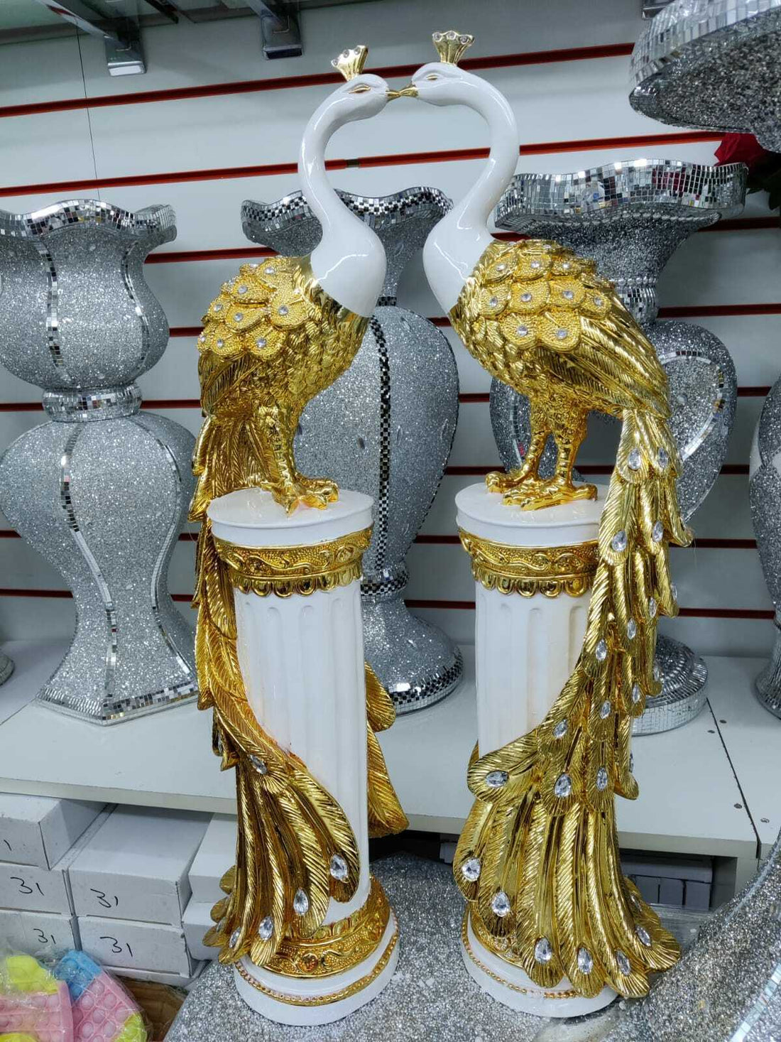 Gold & silver peacock ornament pair