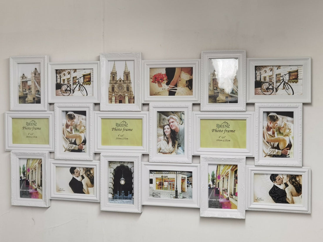 Large white multi picture frame collage 18 photos