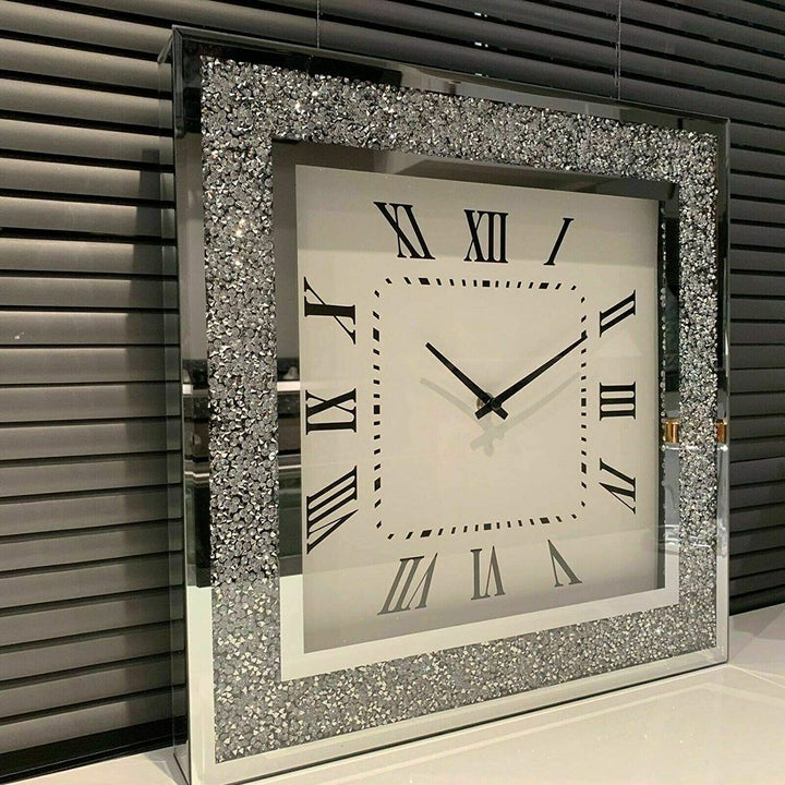 silver crushed crystal square mirrored wall clock roman numerals luxury décor