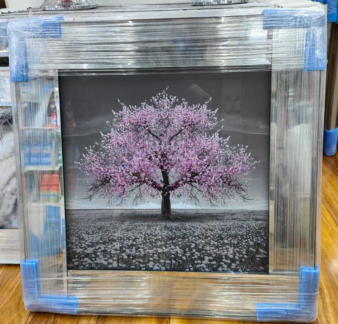 Silver blossom tree glitter mirrored frame pink