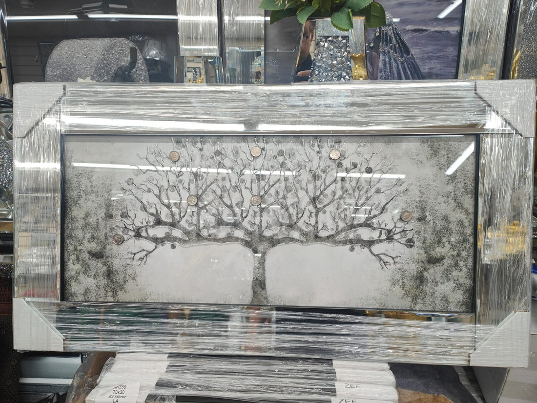 Silver money tree 3D glitter wall art mirrored frame
