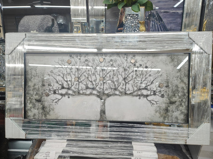 Silver money tree 3D glitter wall art mirrored frame