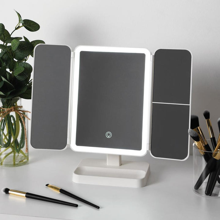 LED foldable tri-fold vanity mirror