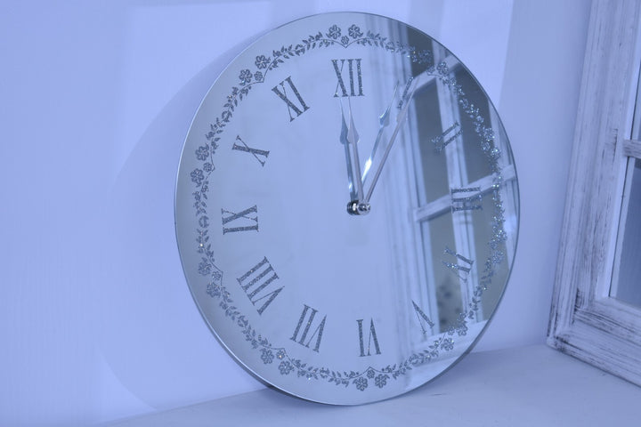 Flowery mirrored wall clock roman numeral decor