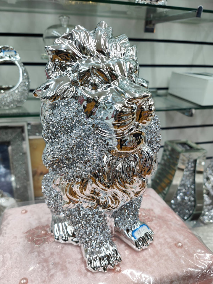 Silver crushed jewel lion king ornament