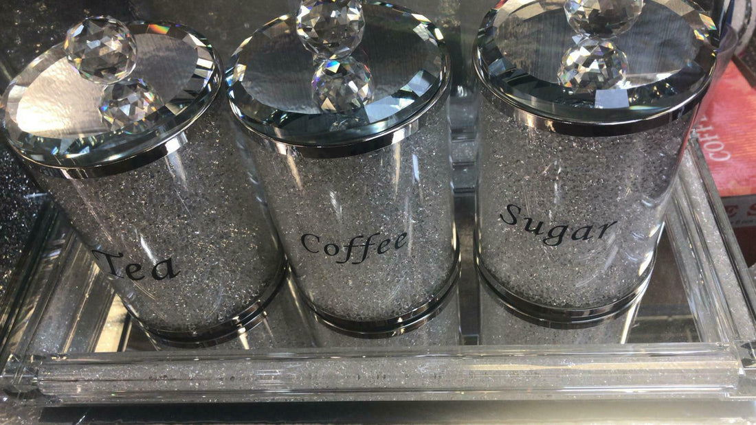 White crystal tea coffee sugar jars