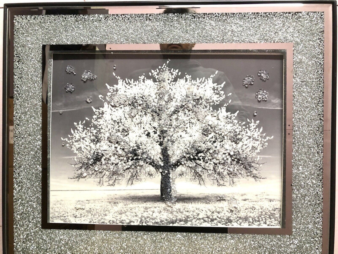 Crushed diamond blossom tree silver liquid art 55x45cm