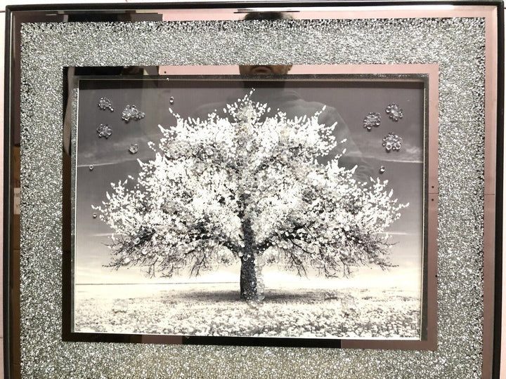 Crushed diamond blossom tree silver liquid art 55x45cm