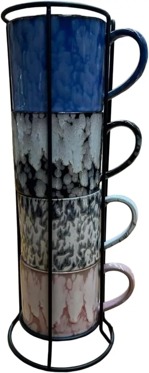 Multi-colour embossed stackable mugs set of 4